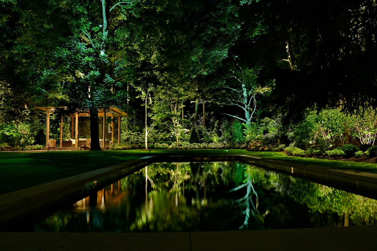mature trees behing a pool all nicely lit at night